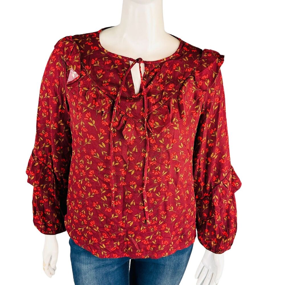 New Sonoma Womans Sz XL Blouse Maroon Floral Long Sleeve Ruffle Tie Neck